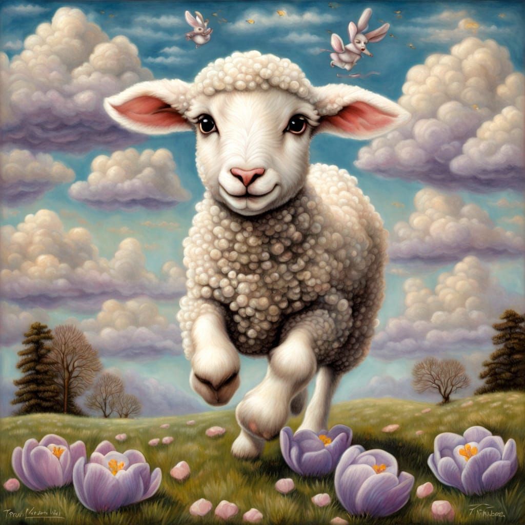 Surreal Easter Lamb Runs Amidst Clouds in Lowbrow Art Style