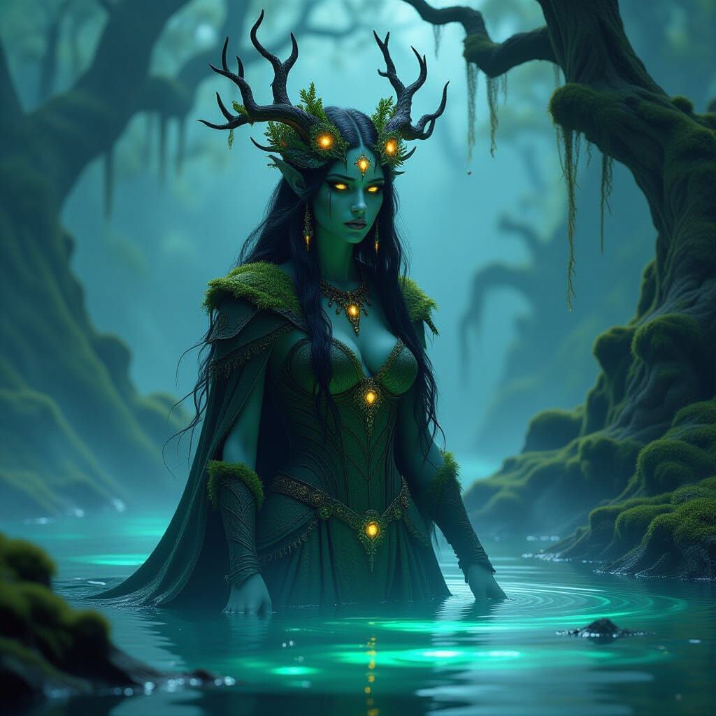 Ancient Forest Queen in Bioluminescent Swamp