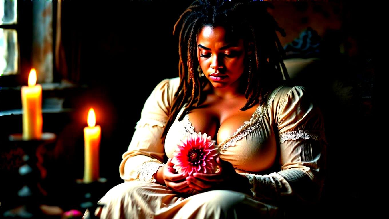Curvy Black Woman in Intimate, Chiaroscuro-Lit Setting