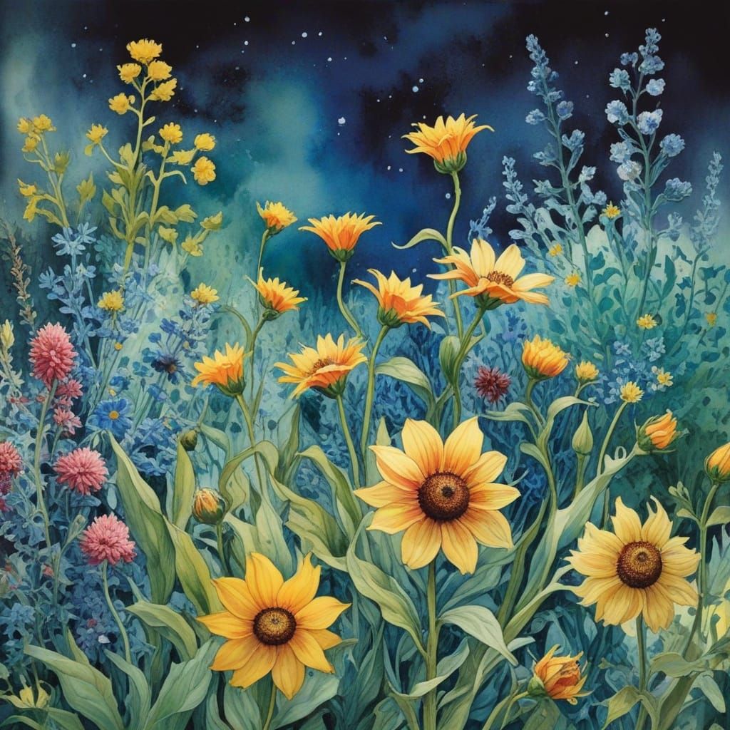 Whimsical Floral Dreams in a Nighttime Garden, Inspired by V...