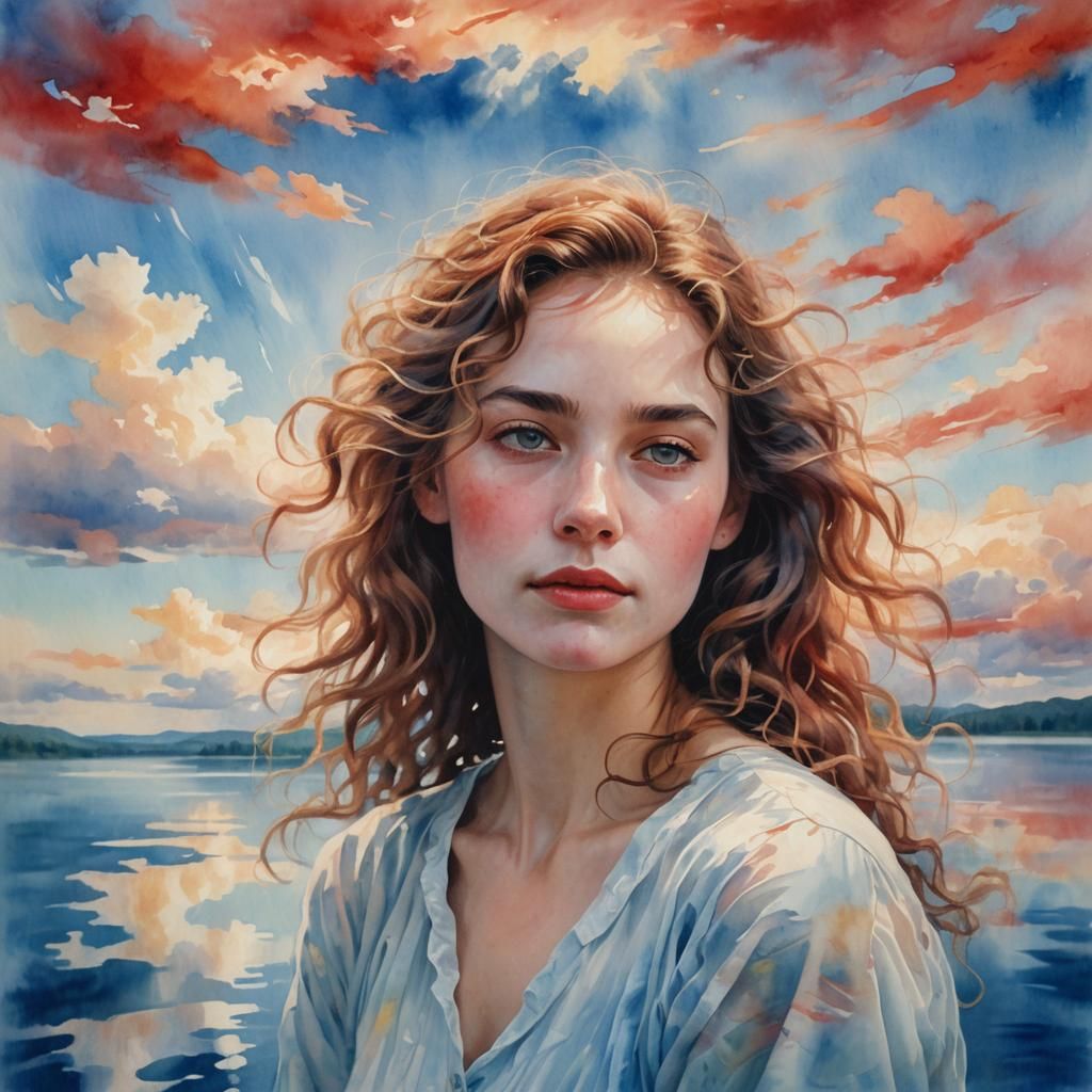 Ethereal Dreamscape: Woman in Clouds Over Lake