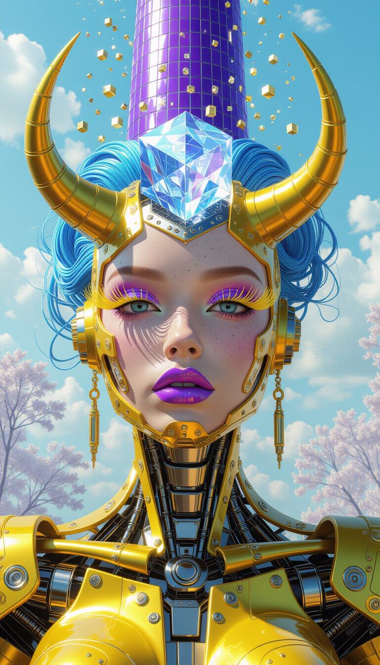 Metallic Android with Crystal Core in Surreal Setting