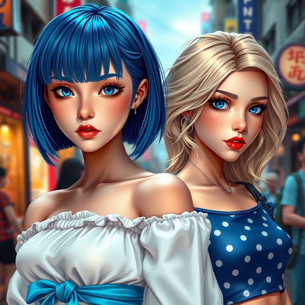 Two Young Women on a Vibrant City Street in Detailed Fantasy...