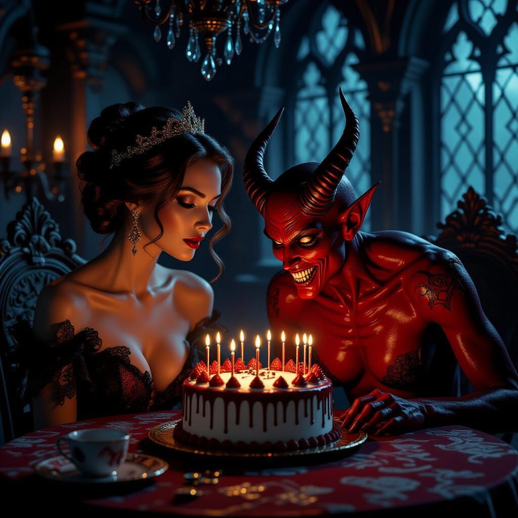 Beautiful Woman Watches Devil Eat Cake in Gothic Chamber