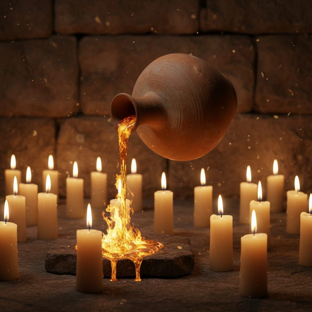 Fiery oil spilling out of an humble earthenware jug in israel circa 164 BC and lighting many candles of hope.