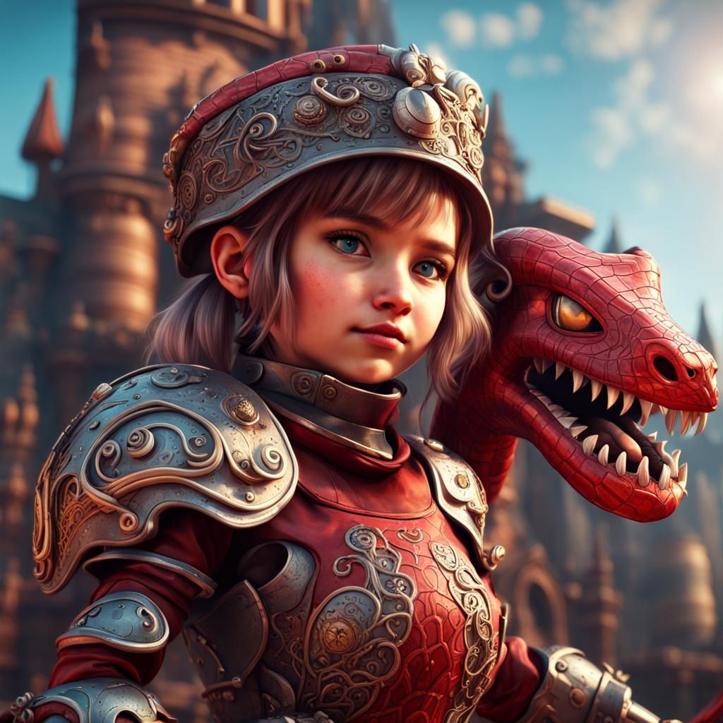 Steampunk Knight Girl versus Serpent in Retrofuturistic Cast...