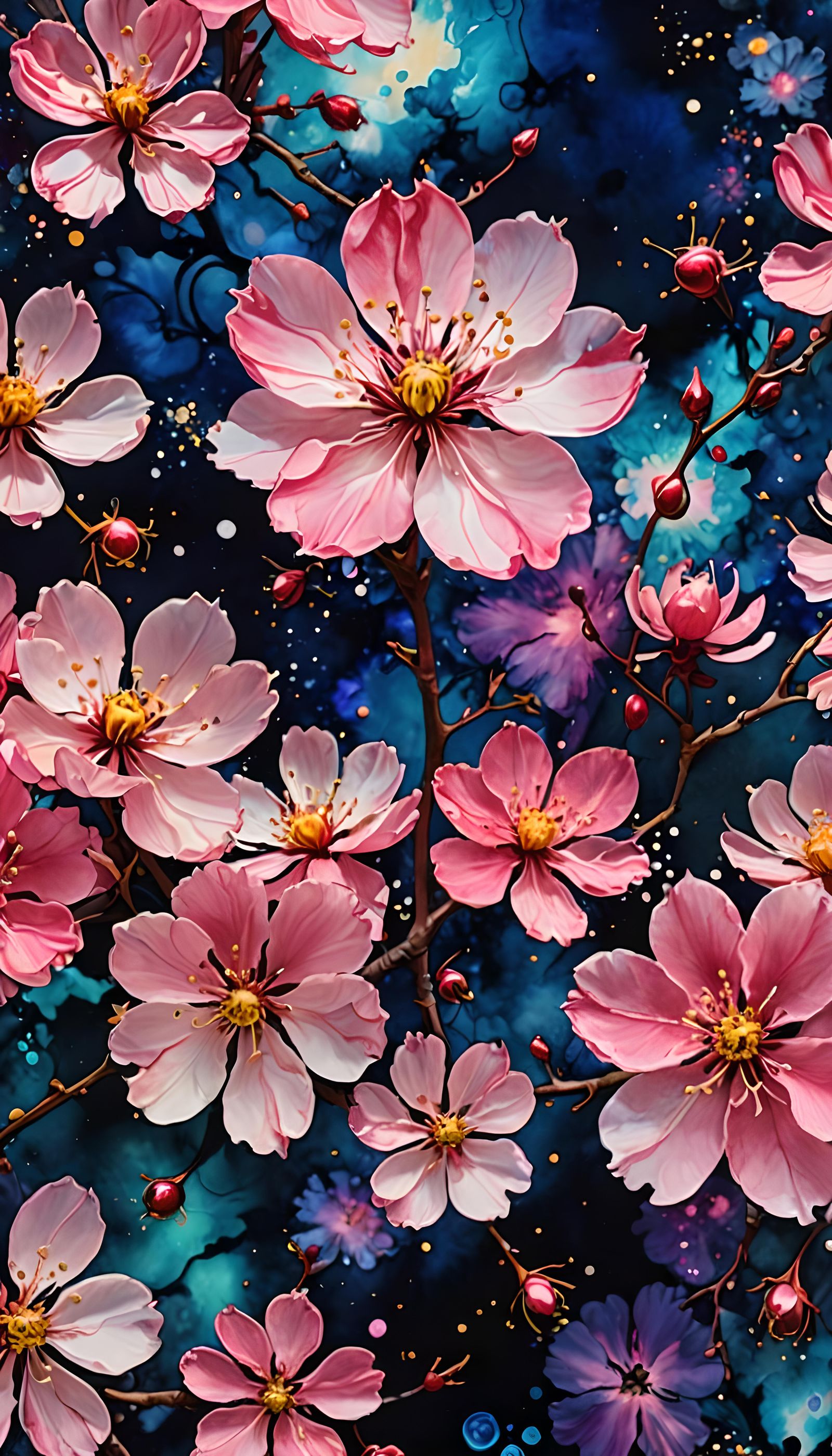 Supernova Explosion with Cherry Blossoms in Abstract Express...