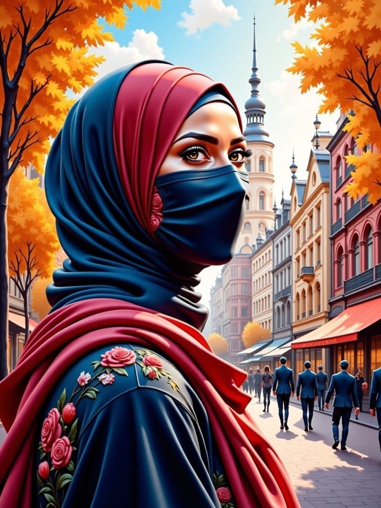 Cozy Autumn Cityscape with a Hijabi Explorer
