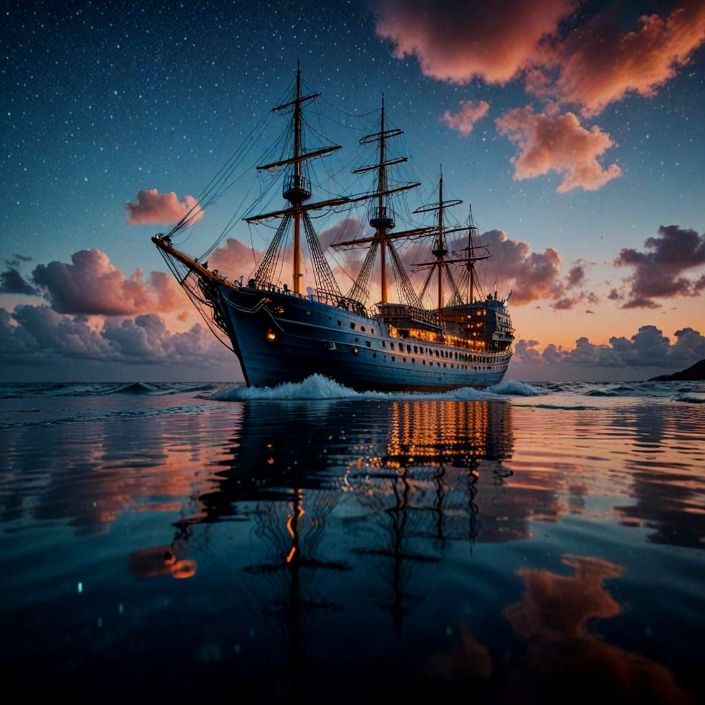 Colossal Crystal Ship Rises from the Dusky Ocean