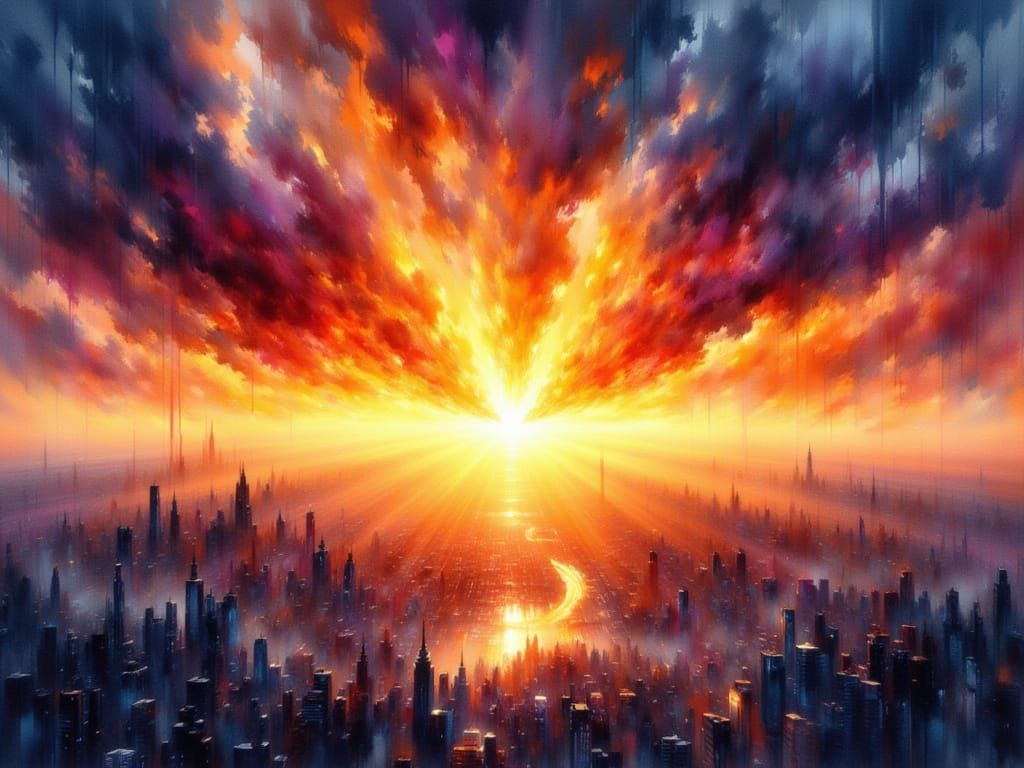 Impressionist Sunset with Holographic Binary Code