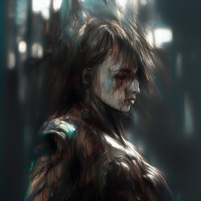 Hyperrealistic Werewolf Embracing Woman in Detailed Painting