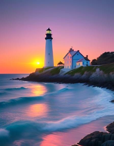 Coastal Lighthouse at Sunset in Romantic Style