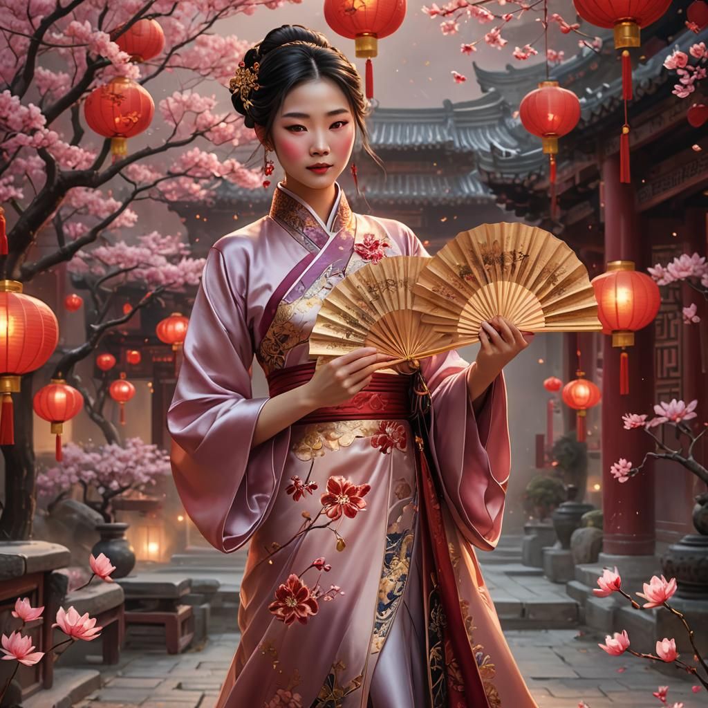 Chinese Lady with Fan in Dreamy Lantern Setting