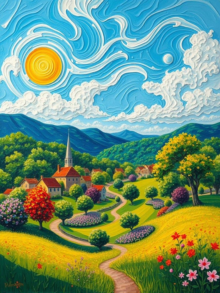 Whimsical Village in Lush Spring Landscape