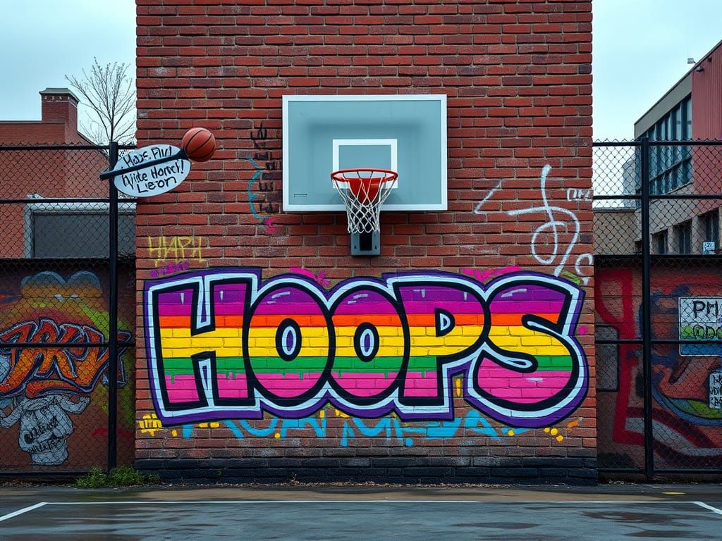 Rainbow Graffiti Art on Urban Basketball Court