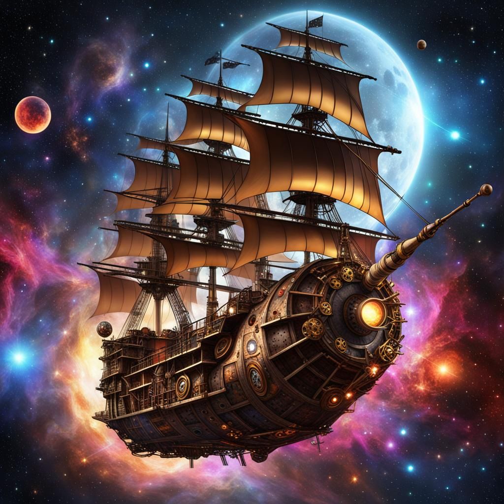 Steampunk Pirate Ship Sailing Through Space