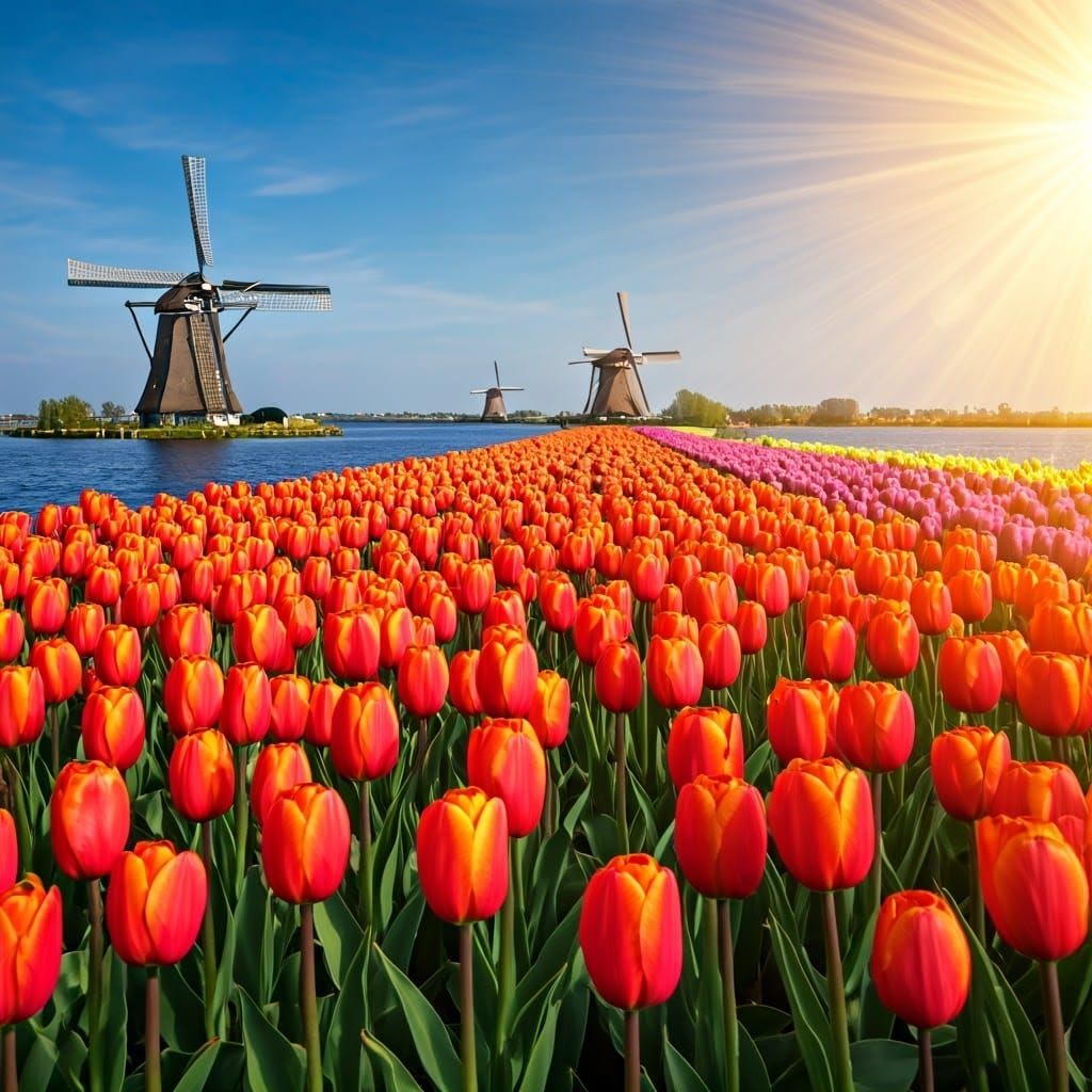 Dutch Tulip Fields and Windmills in Dreamy Light
