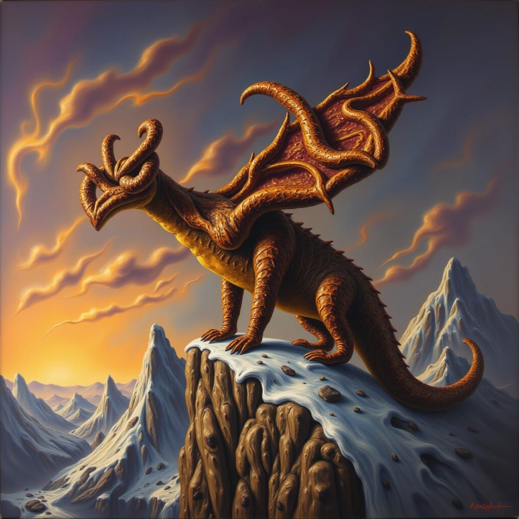Colossal Dragon on Snowy Peak at Dawn