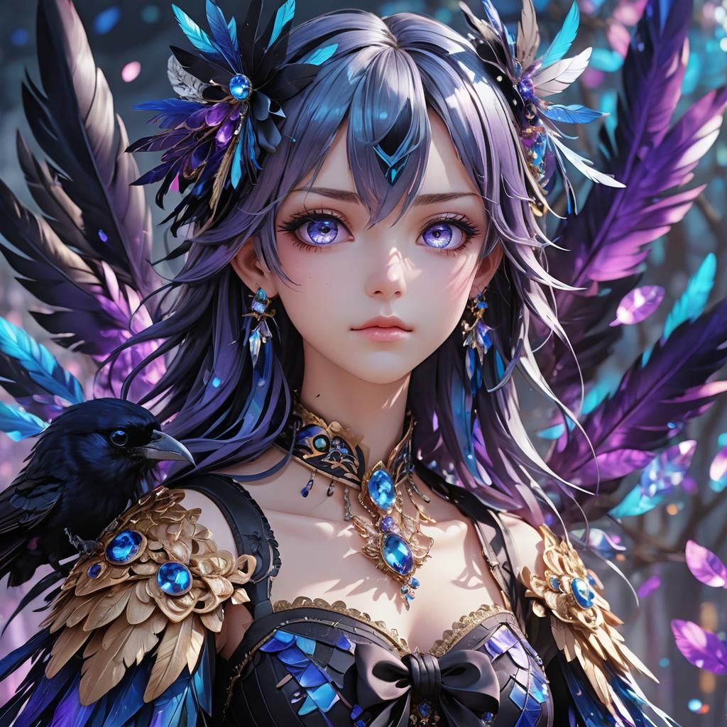Anime Crow with Purple Stripes and Crystal Eyes