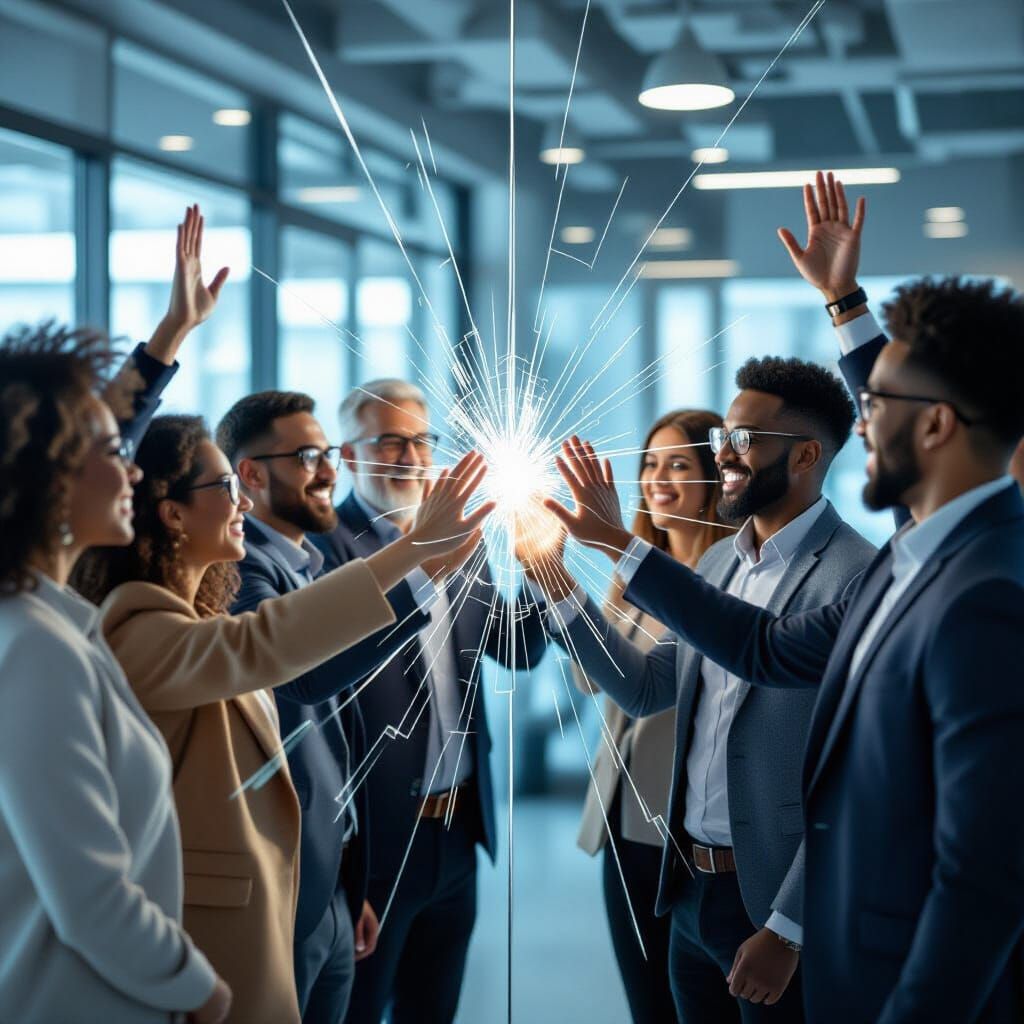 Diverse Group Shatters Glass Wall Symbolizing Unity and Hope