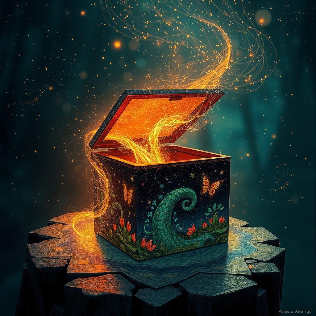 Mystical Wooden Box in Vibrant Pointillism Style