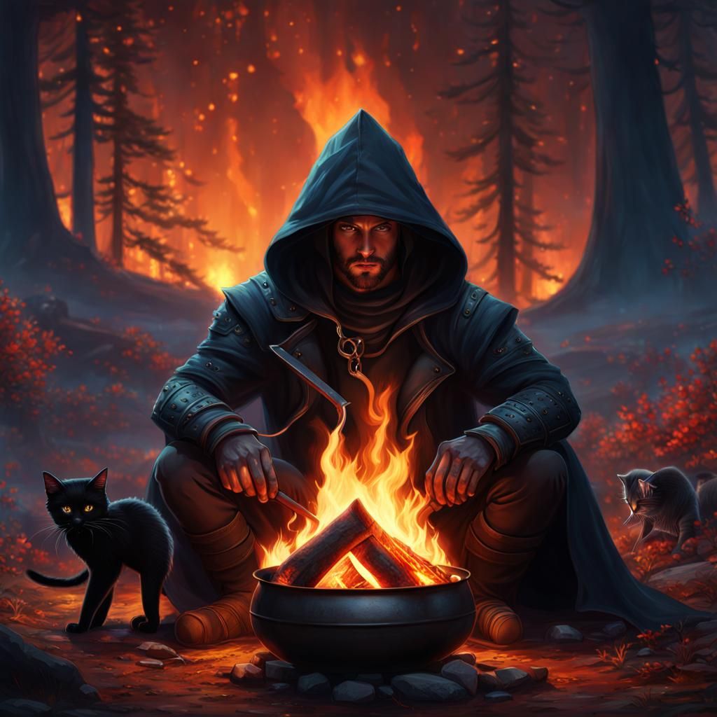 Fantasy Scene: Hooded Man, Campfire, and Black Cat