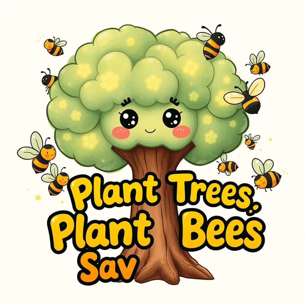 Whimsical Eco-Friendly Tree Illustration with Kawaii Bees