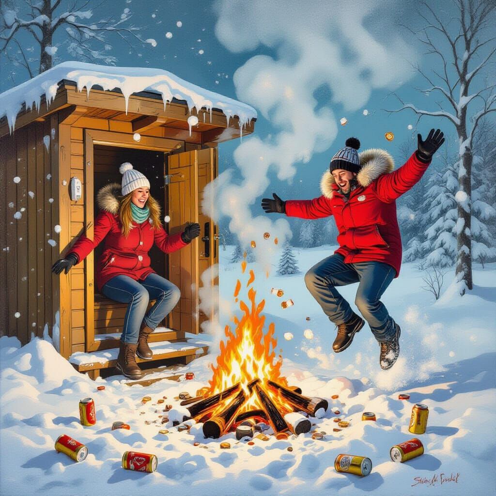 Dreamlike Winter Sauna Scene in a Surrealist Style