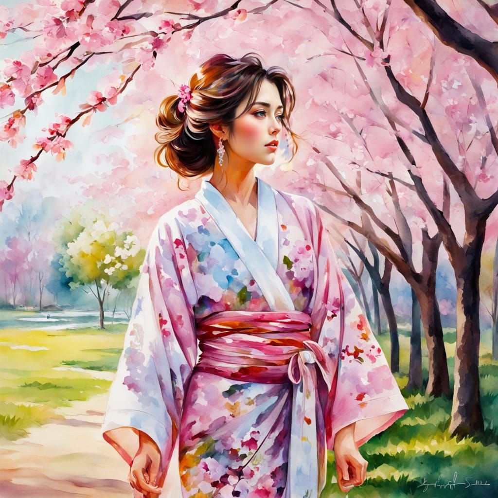 Romantic Watercolor Portrait of Cherry Blossoms in Vibrant L...
