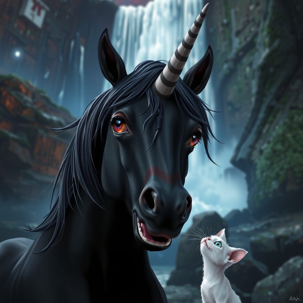 Black Unicorn and White Cat by Waterfall
