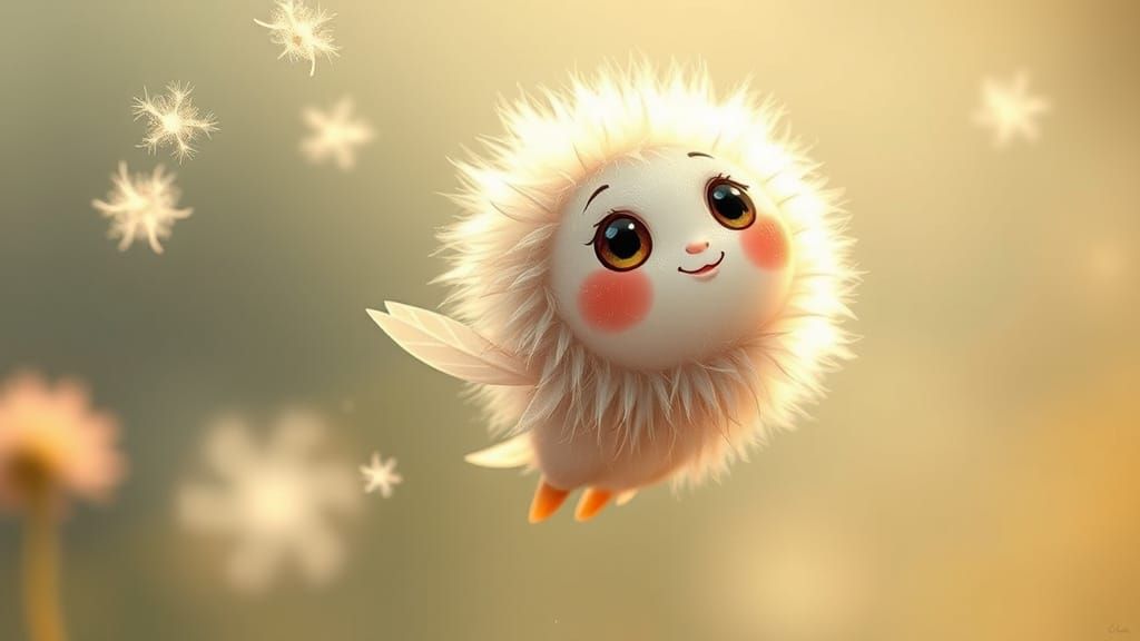 Whimsical Dandelion Creature Soaring in Warm Light