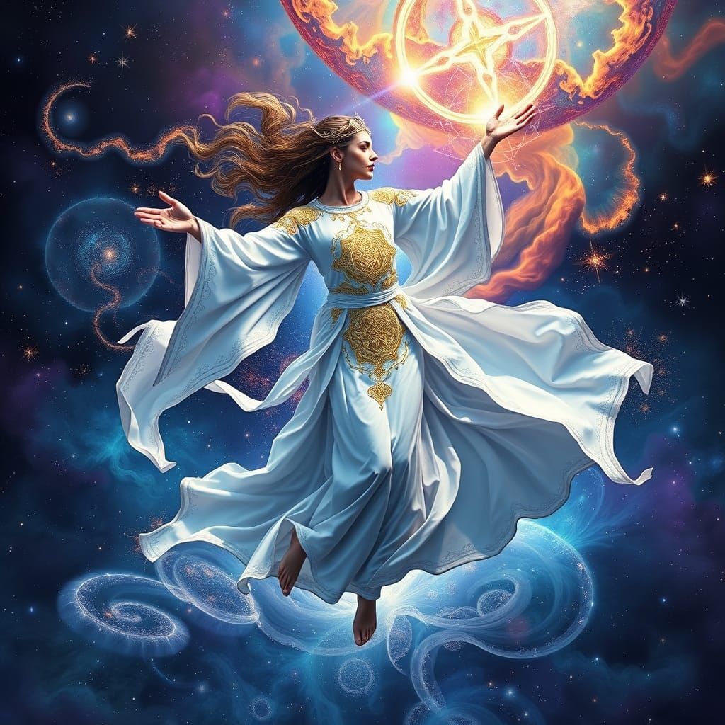 Cosmic Dancer in Nebula with Sacred Geometry