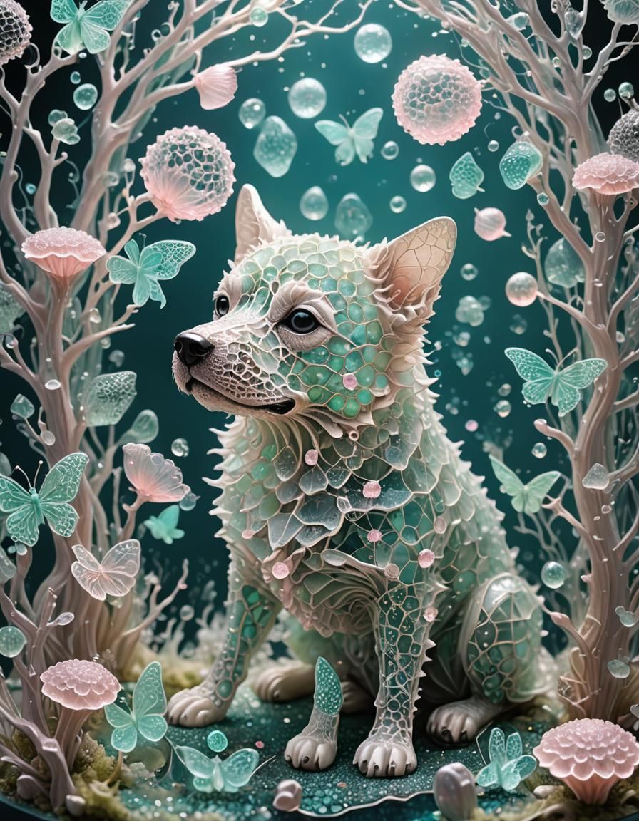 Crystal Dog Sculpture with Bioluminescent Butterflies