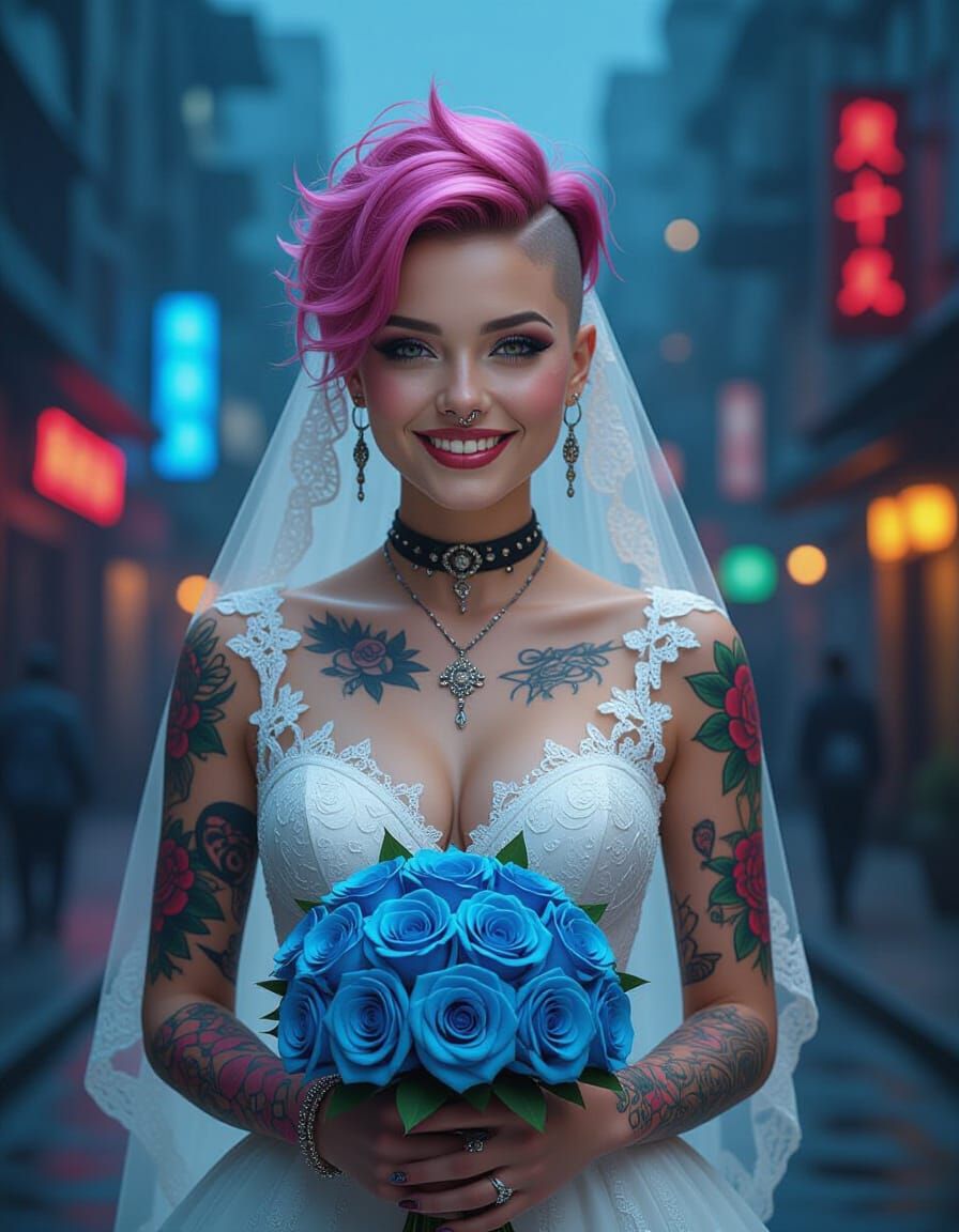 Punk Bride in Cyberpunk Cityscape
