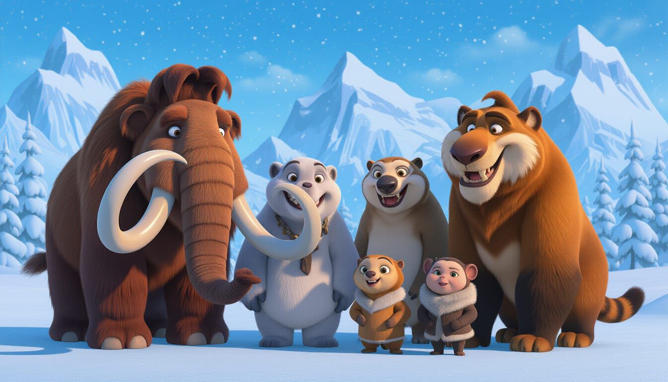 Cartoon Prehistoric Animals in Snowy Ice Age Landscape