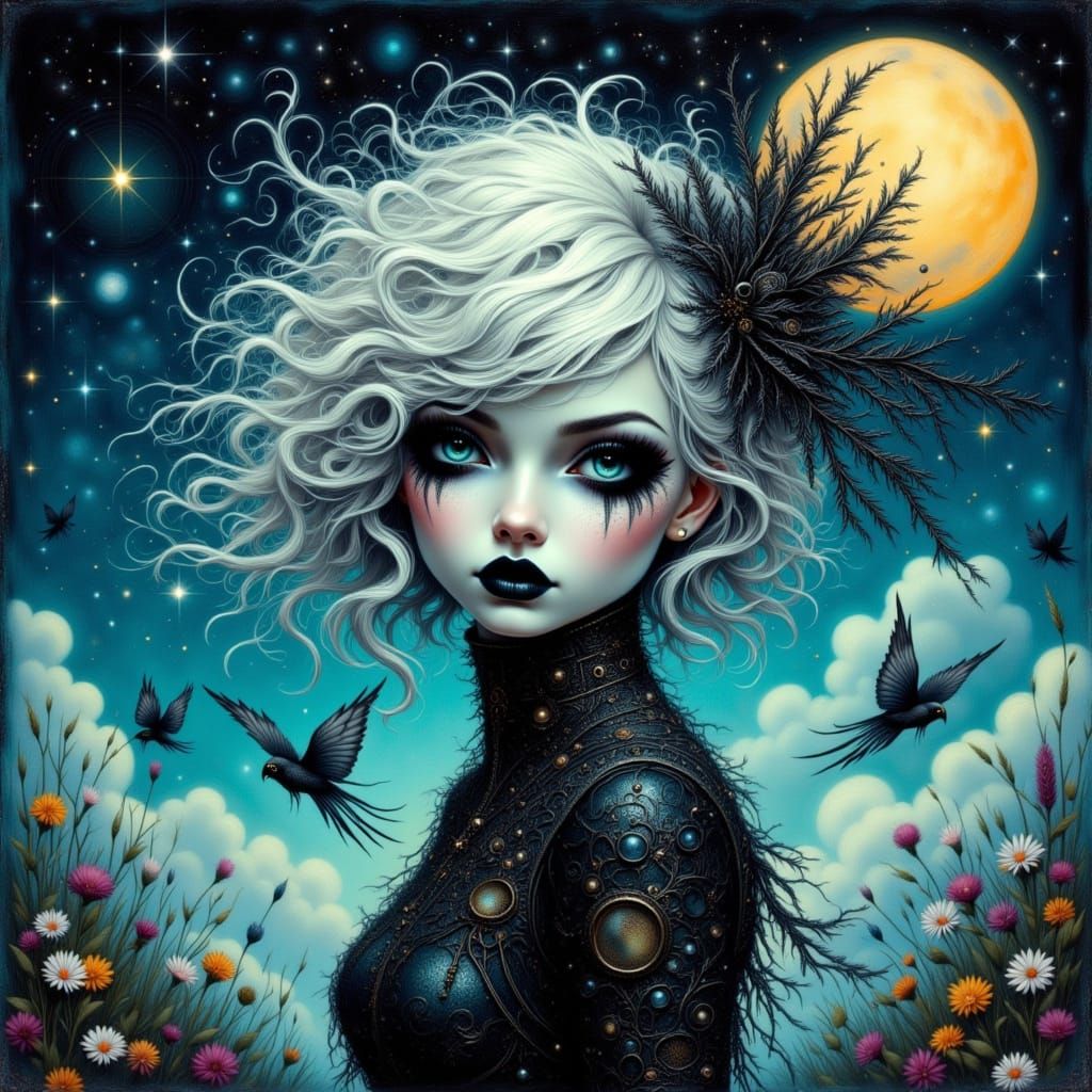 Whimsical Witch Flying in Bioluminescent Sky