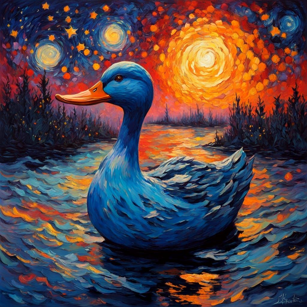 Starry Night Art Deco Duck in Swirling Brushstrokes