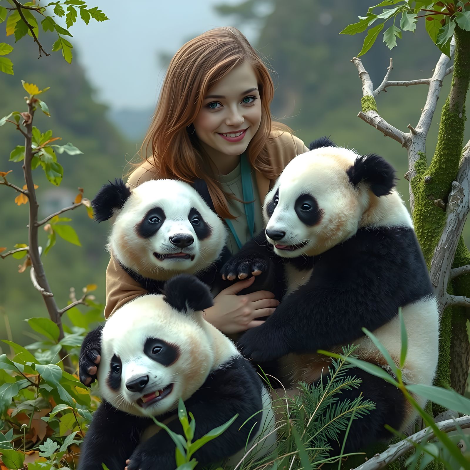 Western Woman in Harmony with Chinese Nature, Caring for Pan...