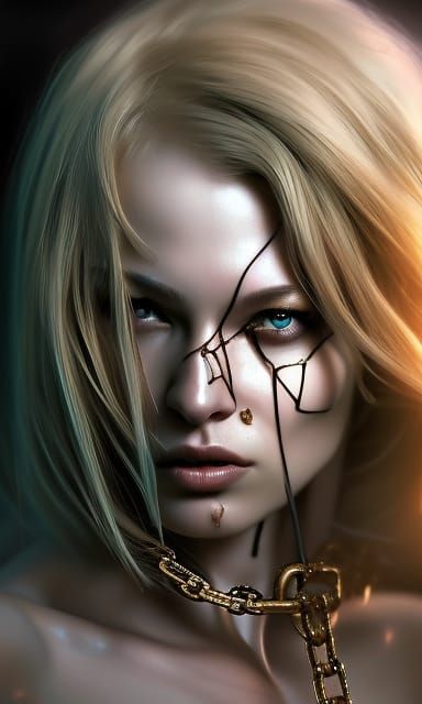 Beautiful Woman Escapes Chains: Hyperrealistic Noir Art