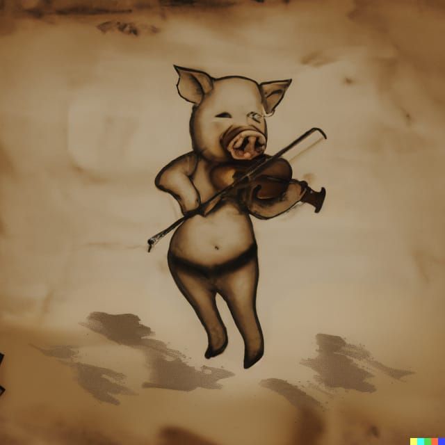Monochromatic Tattoo Art of Pig Playing Fiddle
