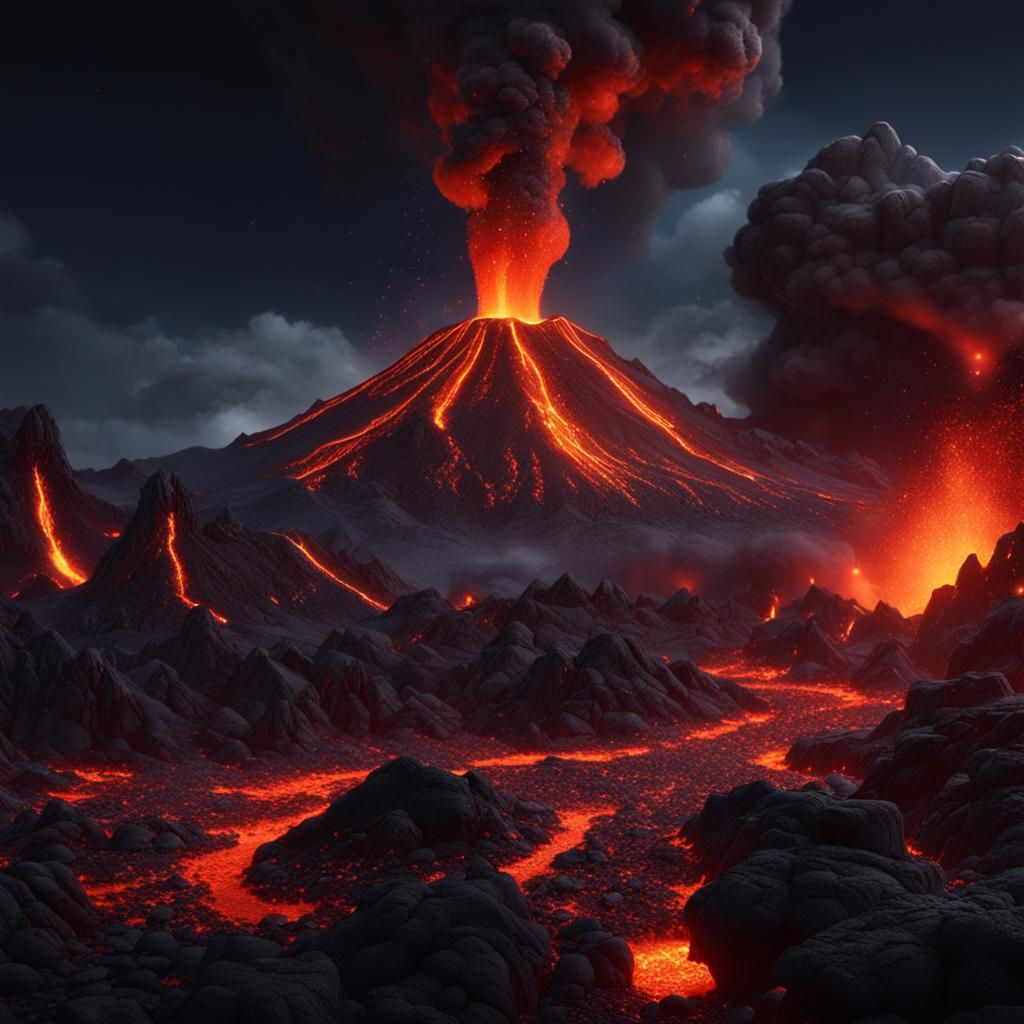 Realistic Active Volcano Eruption at Night