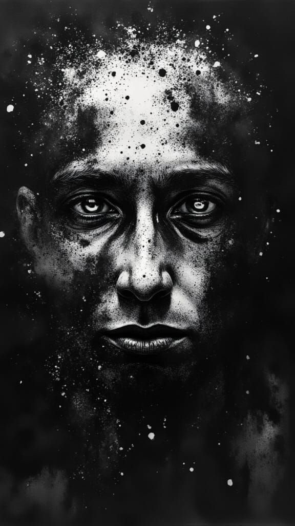 Monochromatic Survivor Portrait in Black Glass