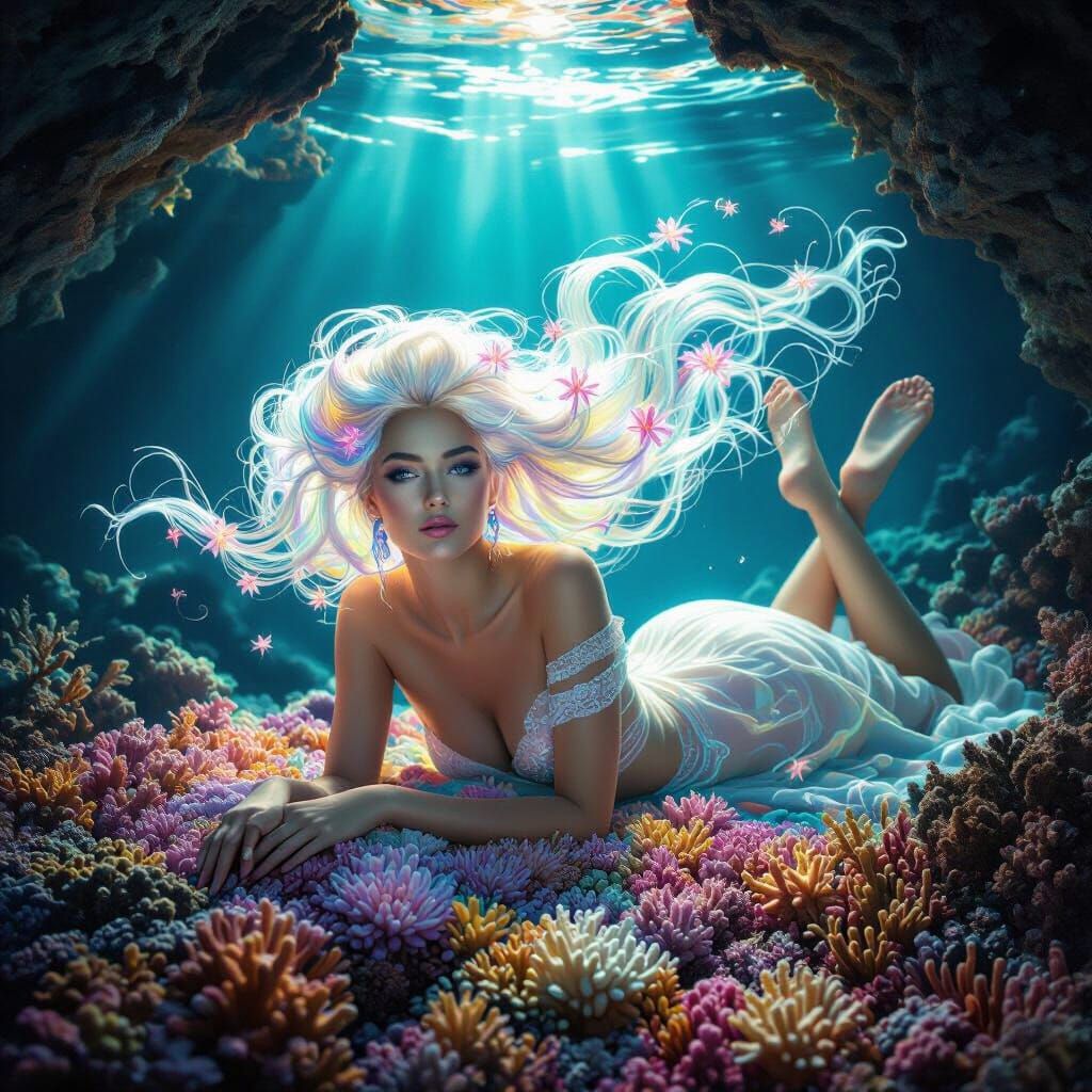 Bioluminescent Woman with Coral in Underwater Grotto