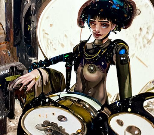 Steampunk Android Girl Drummer in Dieselpunk Style