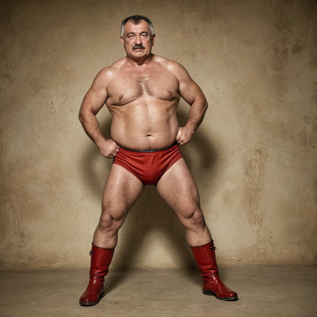 Dynamic Portrait of Romanian Wrestler in Red Trunks