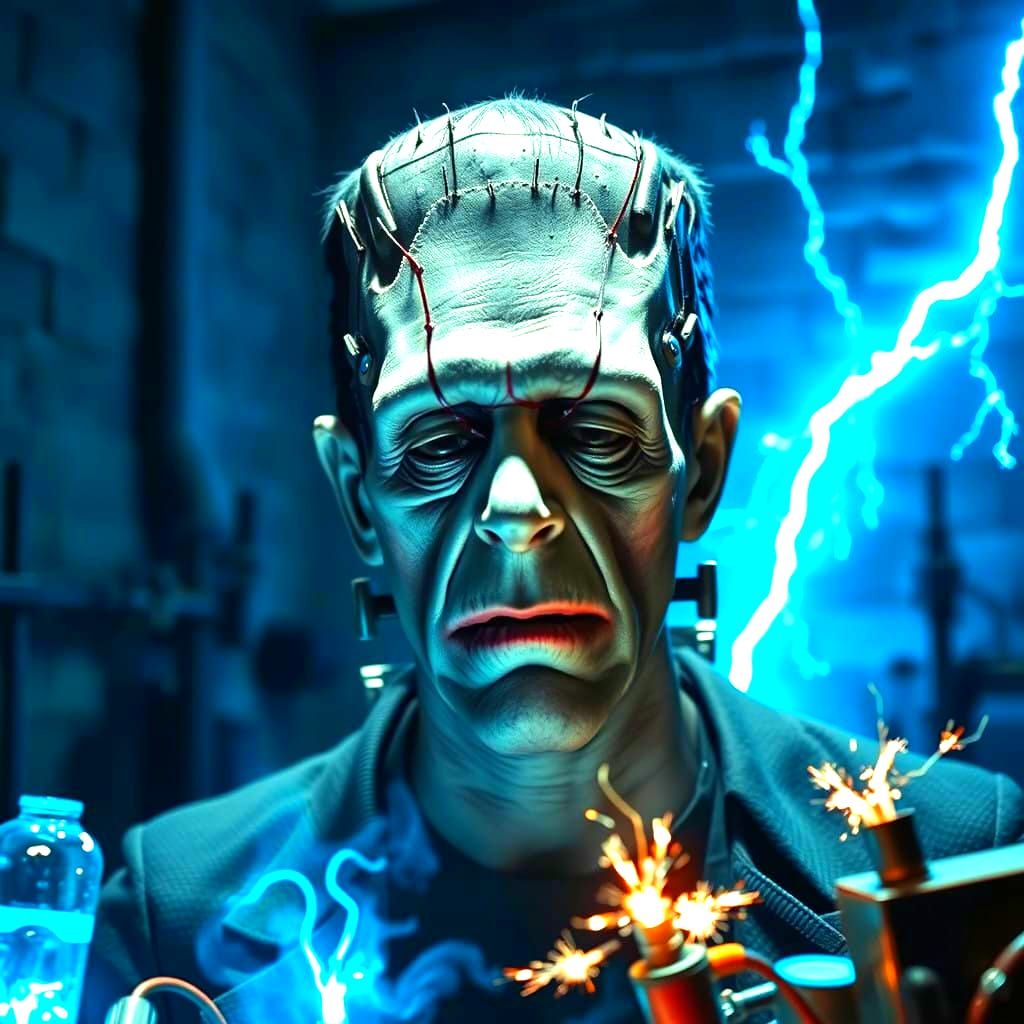 Frankenstein's Tormented Face in a Flash of White Lightning