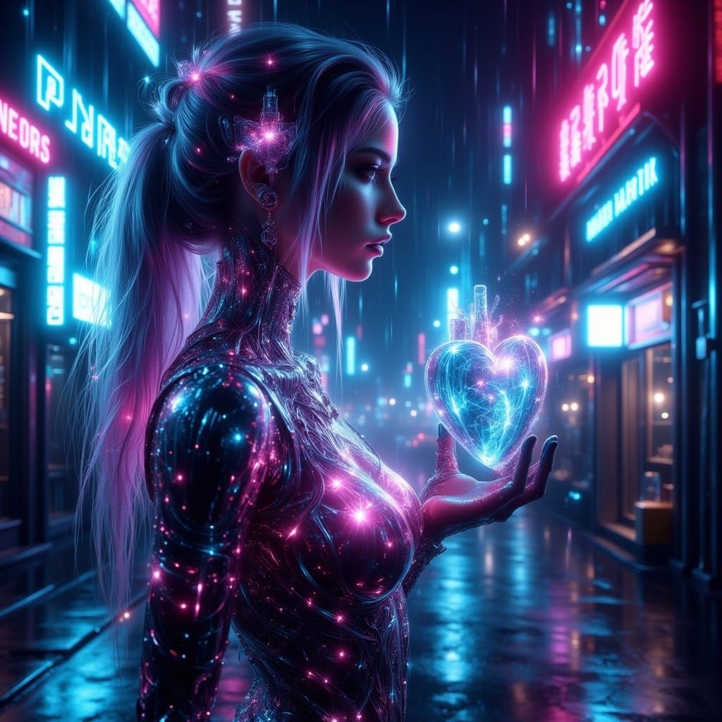 Cyberpunk Woman With Holographic Heart in Neon City