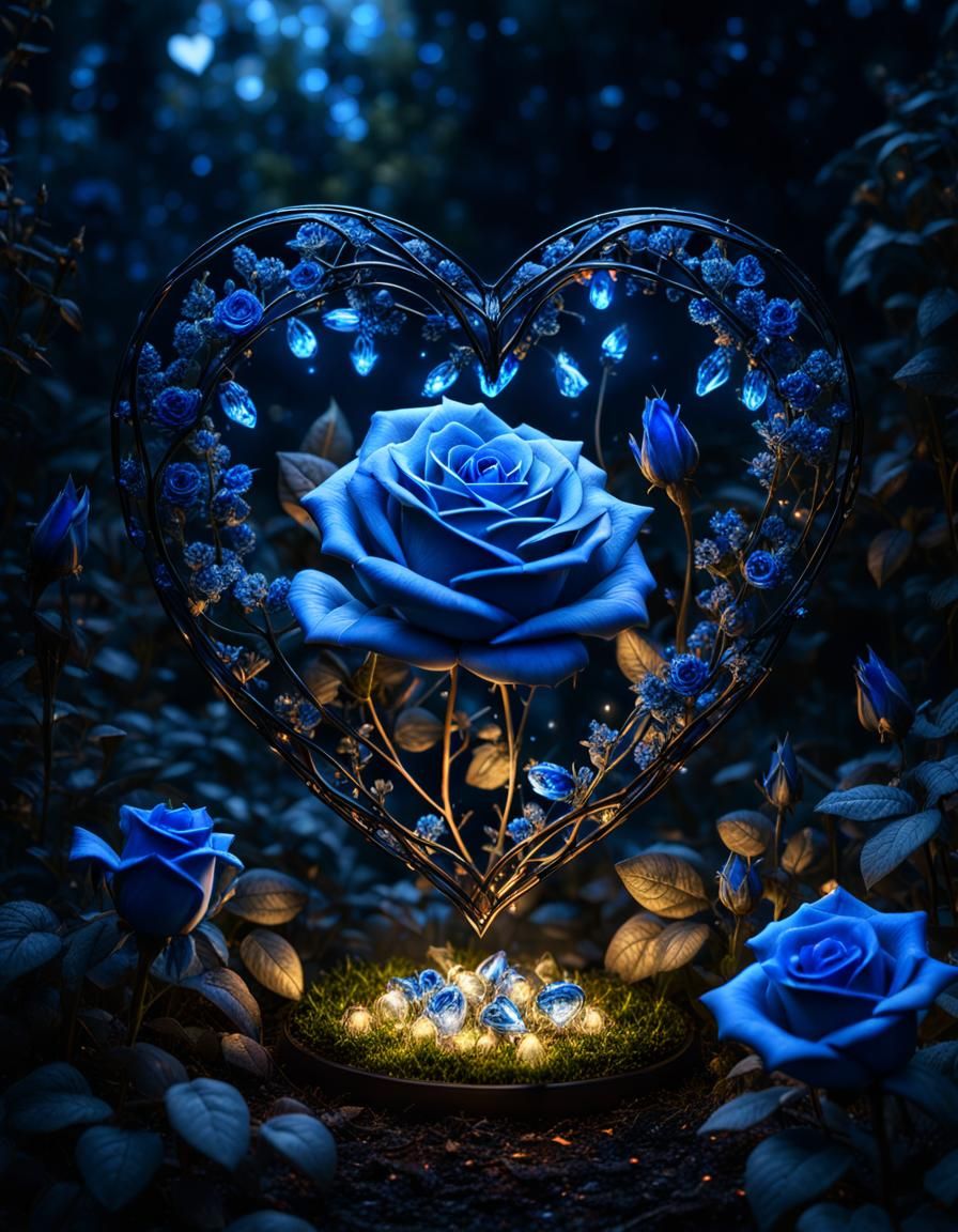 Crystalline Heart with Blue Roses in Night Garden