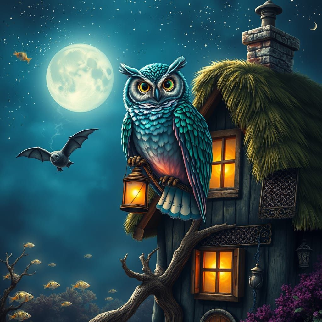 Majestic Owl Illuminates Whimsical Cottage in a Dreamlike Sc...
