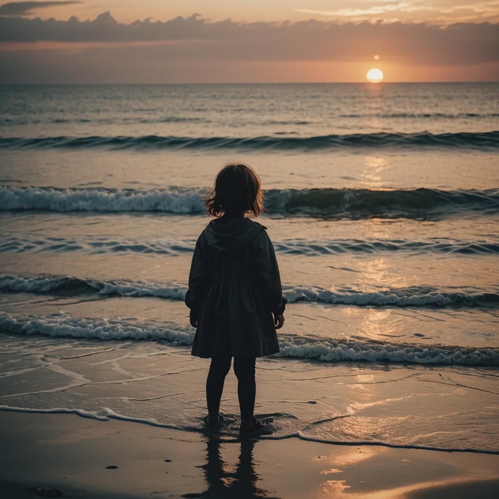 Silhouette of Girl at Sunset on Sea Shore